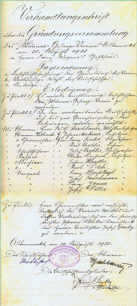 Verhandlungsschrift über die Gründungsversammlung am 20. August 1921